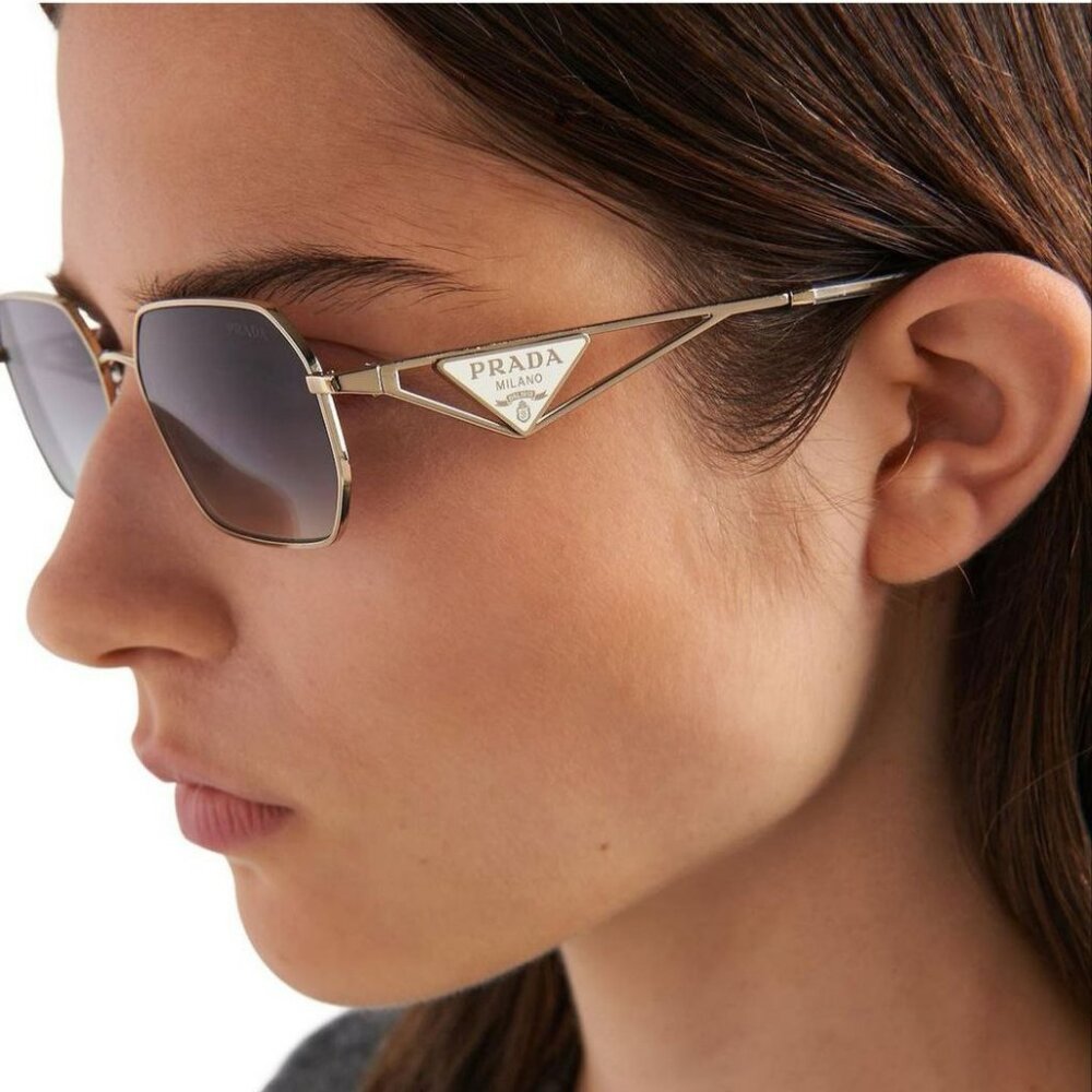 Prada PRA51S ZVN30C Sunglasses Pale Gold Gradient Blue Mirror Geometric Unisex - Picture 5 of 15